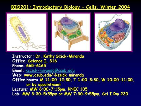 BIO201: Introductory Biology – Cells, Winter 2004 Instructor: Dr. Kathy Szick-Miranda Office: Science I, 316 Phone: 665-6165