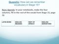 Quaestio: How can we remember vocabulary in Stage 15? Nunc Agenda: In your notebooks, make the four columns, fill in the rest of the vocab from Stage 15,