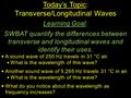 Today’s Topic: Transverse/Longitudinal Waves Learning Goal: SWBAT quantify the differences between transverse and longitudinal waves and identify their.