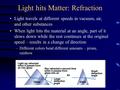 Light hits Matter: Refraction Light travels at different speeds in vacuum, air, and other substances When light hits the material at an angle, part of.