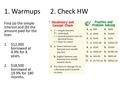 1. Warmups 2. Check HW Find (a) the simple interest and (b) the amount paid for the loan. 1.$12,000 borrowed at 4.9% for 4 years. 2.$18,500 borrowed at.