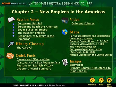 Chapter 2 – New Empires in the Americas Section Notes Europeans Set Sail Europeans Reach the Americas Spain Builds an Empire The Race for Empires Beginnings.