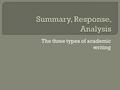 The three types of academic writing  Summary: A description of what happens  Response: Your reaction to what happens What you think How you can connect.