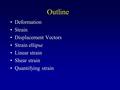 Outline Deformation Strain Displacement Vectors Strain ellipse Linear strain Shear strain Quantifying strain.