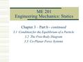 ME 201 Engineering Mechanics: Statics Chapter 3 – Part b - continued 3.1 Condition for the Equilibrium of a Particle 3.2 The Free-Body Diagram 3.3 Co-Planar.