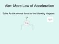 Aim: More Law of Acceleration Solve for the normal force on the following diagram: 10 kg 2 N N mg ΣF = 0 2 N + N – mg = 0 N = mg – 2 N N = (10 kg)(10 m/s.