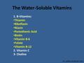 The Water-Soluble Vitamins 1. B-Vitamins: Thiamin Riboflavin Niacin Pantothenic Acid Biotin Vitamin B-6 Folate Vitamin B-12 2. Vitamin C 3- Choline Dr.