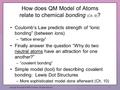 How does QM Model of Atoms relate to chemical bonding (Ch. 9) ? Coulomb’s Law predicts strength of “ionic bonding” (between ions) –“lattice energy” Finally.