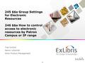 1 Yoel Kortick Senior Librarian Alma Product Management 245 $$a Group Settings for Electronic Resources 246 $$a How to control access to electronic resources.