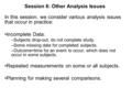 Session 6: Other Analysis Issues In this session, we consider various analysis issues that occur in practice: Incomplete Data: –Subjects drop-out, do not.