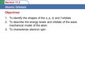 Section 11.3 Atomic Orbitals 1.To identify the shapes of the s, p, d, and f orbitals 2.To describe the energy levels and orbitals of the wave mechanical.