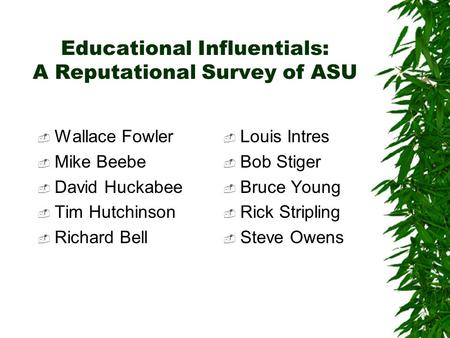 Educational Influentials: A Reputational Survey of ASU  Wallace Fowler  Mike Beebe  David Huckabee  Tim Hutchinson  Richard Bell  Louis Intres 