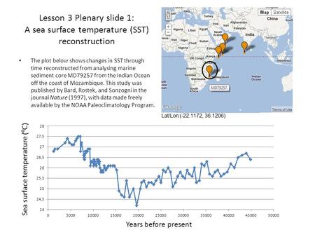 Years before present Sea surface temperature (⁰C) Lesson 3 Plenary slide 1: A sea surface temperature (SST) reconstruction The plot below shows changes.