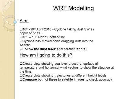 WRF Modelling Aim:  18 th -19 th April 2010 - Cyclone taking dust SW as opposed to SE  15 th – 16 th North Scotland hit  Cyclone has moved north dragging.