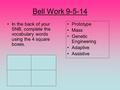 Bell Work 9-5-14 In the back of your SNB, complete the vocabulary words using the 4 square boxes. Prototype Mass Genetic Engineering Adaptive Assistive.