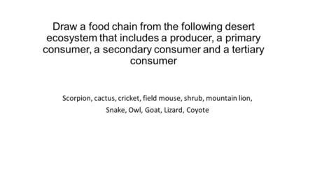 Draw a food chain from the following desert ecosystem that includes a producer, a primary consumer, a secondary consumer and a tertiary consumer Scorpion,