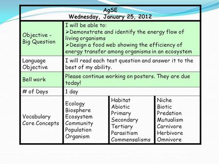 AgSE Wednesday, January 25, 2012 Objective - Big Question I will be able to:  Demonstrate and identify the energy flow of living organisms  Design a.