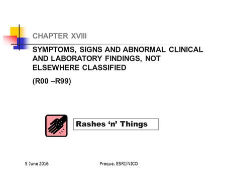 Praque. ESRI/NICO CHAPTER XVIII SYMPTOMS, SIGNS AND ABNORMAL CLINICAL AND LABORATORY FINDINGS, NOT ELSEWHERE CLASSIFIED (R00 –R99) Rashes ‘n’ Things 5.