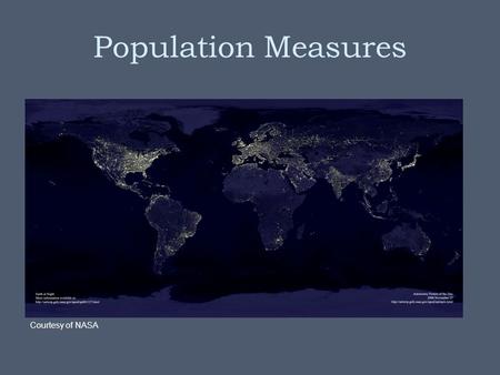 Population Measures Courtesy of NASA. Will the World Face an Overpopulation Problem? Malthus on overpopulation –Population growth & food supply –Malthus’