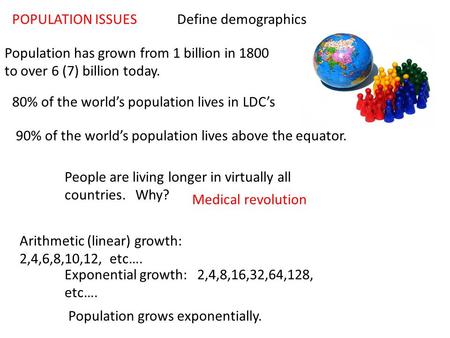 POPULATION ISSUES Population has grown from 1 billion in 1800 to over 6 (7) billion today. 80% of the world’s population lives in LDC’s 90% of the world’s.