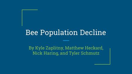 Bee Population Decline By Kyle Zaplitny, Matthew Heckard, Nick Haring, and Tyler Schmutz.