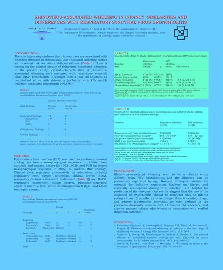 RHINOVIRUS-ASSOCIATED WHEEZING IN INFANCY: SIMILARITIES AND DIFFERENCES WITH RESPIRATORY SYNCYTIAL VIRUS BRONCHIOLITIS Kotaniemi-Syrjänen A, 1 Korppi M,