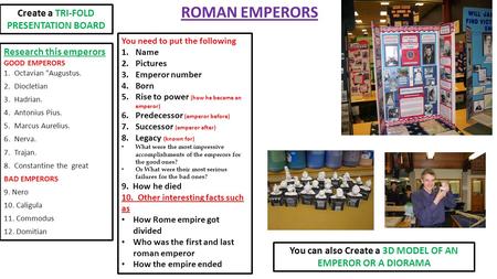 ROMAN EMPERORS Research this emperors GOOD EMPERORS 1.Octavian Augustus. 2.Diocletian 3.Hadrian. 4.Antonius Pius. 5.Marcus Aurelius. 6.Nerva. 7.Trajan.