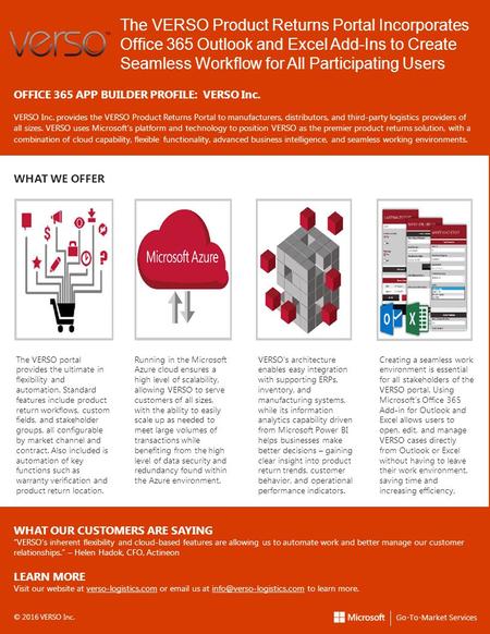 The VERSO Product Returns Portal Incorporates Office 365 Outlook and Excel Add-Ins to Create Seamless Workflow for All Participating Users OFFICE 365 APP.