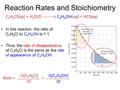 Reaction Rates and Stoichiometry In this reaction, the ratio of C 4 H 9 Cl to C 4 H 9 OH is 1:1. Thus, the rate of disappearance of C 4 H 9 Cl is the same.