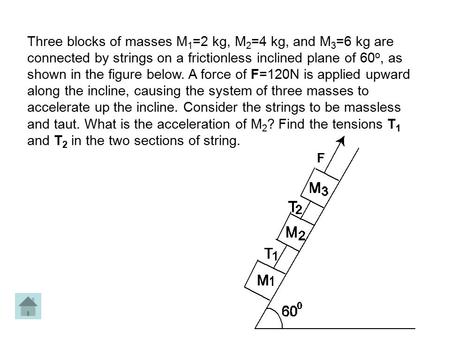 Three blocks of masses M 1 =2 kg, M 2 =4 kg, and M 3 =6 kg are connected by strings on a frictionless inclined plane of 60 o, as shown in the figure below.