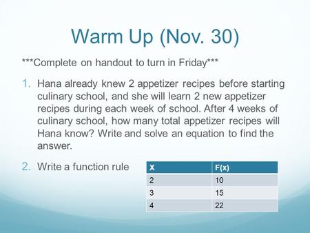 Warm Up (Nov. 30) ***Complete on handout to turn in Friday*** 1. Hana already knew 2 appetizer recipes before starting culinary school, and she will learn.