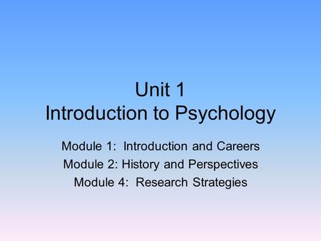 Unit 1 Introduction to Psychology Module 1: Introduction and Careers Module 2: History and Perspectives Module 4: Research Strategies.