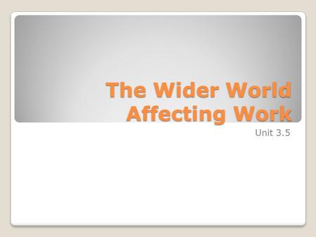 The Wider World Affecting Work Unit 3.5. Topic Overview You will cover :- Ethics in business – what are ethics and the moral issues Environmental issues.