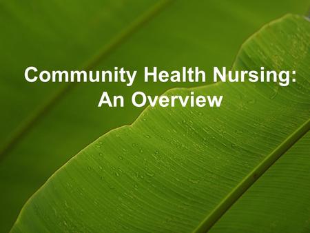 Community Health Nursing: An Overview. Outline: 1. Community Health Nursing a.Philosophy b.Concepts c.Objectives d.Goal e.Principles 2. Health a. Factors.