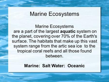 Marine Ecosystems are a part of the largest aquatic system on the planet, covering over 70% of the Earth's surface. The habitats that make up this vast.