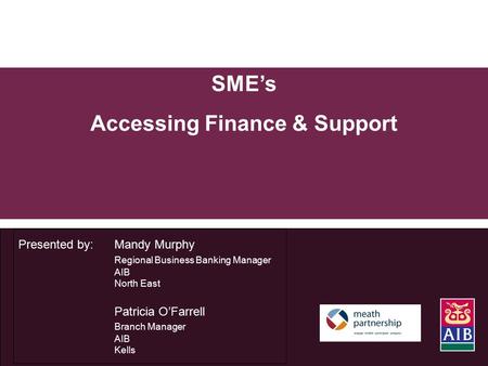 SME’s Accessing Finance & Support Presented by: Mandy Murphy Regional Business Banking Manager AIB North East Patricia O’Farrell Branch Manager AIB Kells.