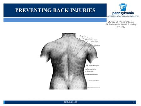 PREVENTING BACK INJURIES Bureau of Workers’ Comp PA Training for Health & Safety (PATHS) 1PPT-031-02.