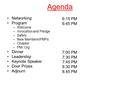 Agenda Networking Program –Welcome –Invocation and Pledge –Safety –New Members/PMPs –Chapter –PMI.Org Dinner Leadership Keynote Speaker Door Prizes Adjourn.