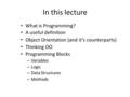 In this lecture What is Programming? A useful definition Object Orientation (and it’s counterparts) Thinking OO Programming Blocks – Variables – Logic.