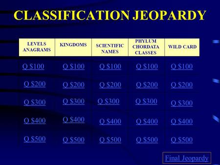 CLASSIFICATION JEOPARDY Q $100 Q $200 Q $300 Q $400 Q $500 Q $100 Q $200 Q $300 Q $400 Q $500 Final Jeopardy SCIENTIFIC NAMES KINGDOMS PHYLUM CHORDATA.