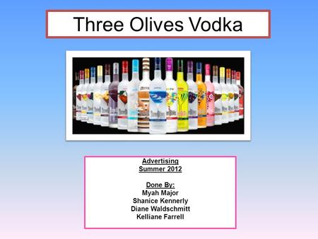 Advertising Summer 2012 Done By: Myah Major Shanice Kennerly Diane Waldschmitt Kelliane Farrell Three Olives Vodka.