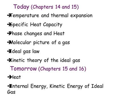  Temperature and thermal expansion  Specific Heat Capacity  Phase changes and Heat  Molecular picture of a gas  Ideal gas law  Kinetic theory of.