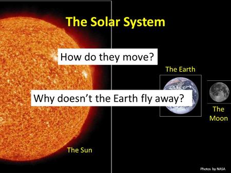 The Solar System The Moon The Earth The Sun How do they move? Why doesn’t the Earth fly away? Photos by NASA.