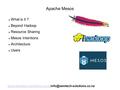 Apache Mesos What is it ? Beyond Hadoop Resource Sharing Mesos Intentions Architecture Users