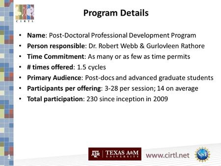 1 Name: Post-Doctoral Professional Development Program Person responsible: Dr. Robert Webb & Gurlovleen Rathore Time Commitment: As many or as few as time.