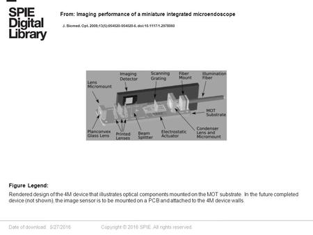 Date of download: 5/27/2016 Copyright © 2016 SPIE. All rights reserved. Rendered design of the 4M device that illustrates optical components mounted on.