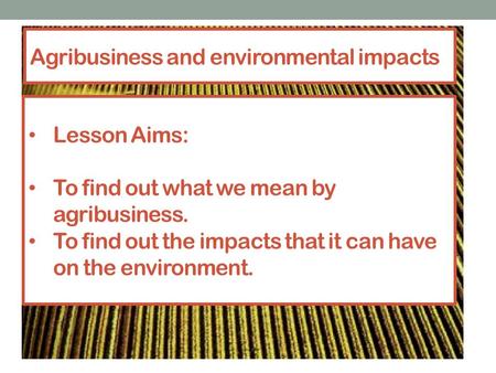 Agribusiness and environmental impacts Lesson Aims: To find out what we mean by agribusiness. To find out the impacts that it can have on the environment.