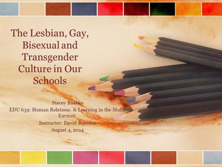 The Lesbian, Gay, Bisexual and Transgender Culture in Our Schools Stacey Baakko EDU 639: Human Relations. & Learning in the Multi. Envmnt. Instructor: