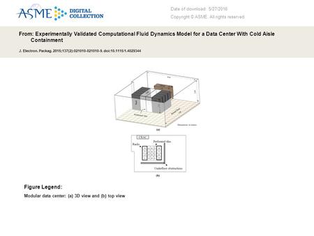Date of download: 5/27/2016 Copyright © ASME. All rights reserved. From: Experimentally Validated Computational Fluid Dynamics Model for a Data Center.