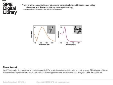 Date of download: 5/27/2016 Copyright © 2016 SPIE. All rights reserved. (a) UV–Vis extinction spectrum of citrate capped AgNPs. Inset shows transmission.